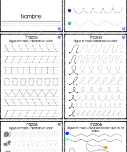 Seis fichas de práctica de calco en español para niños. Incluyen líneas punteadas, formas y un pez para calcar, con instrucciones para usar colores específicos para cada línea o patrón. Incluyen espacios para un nombre y puntos de colores.